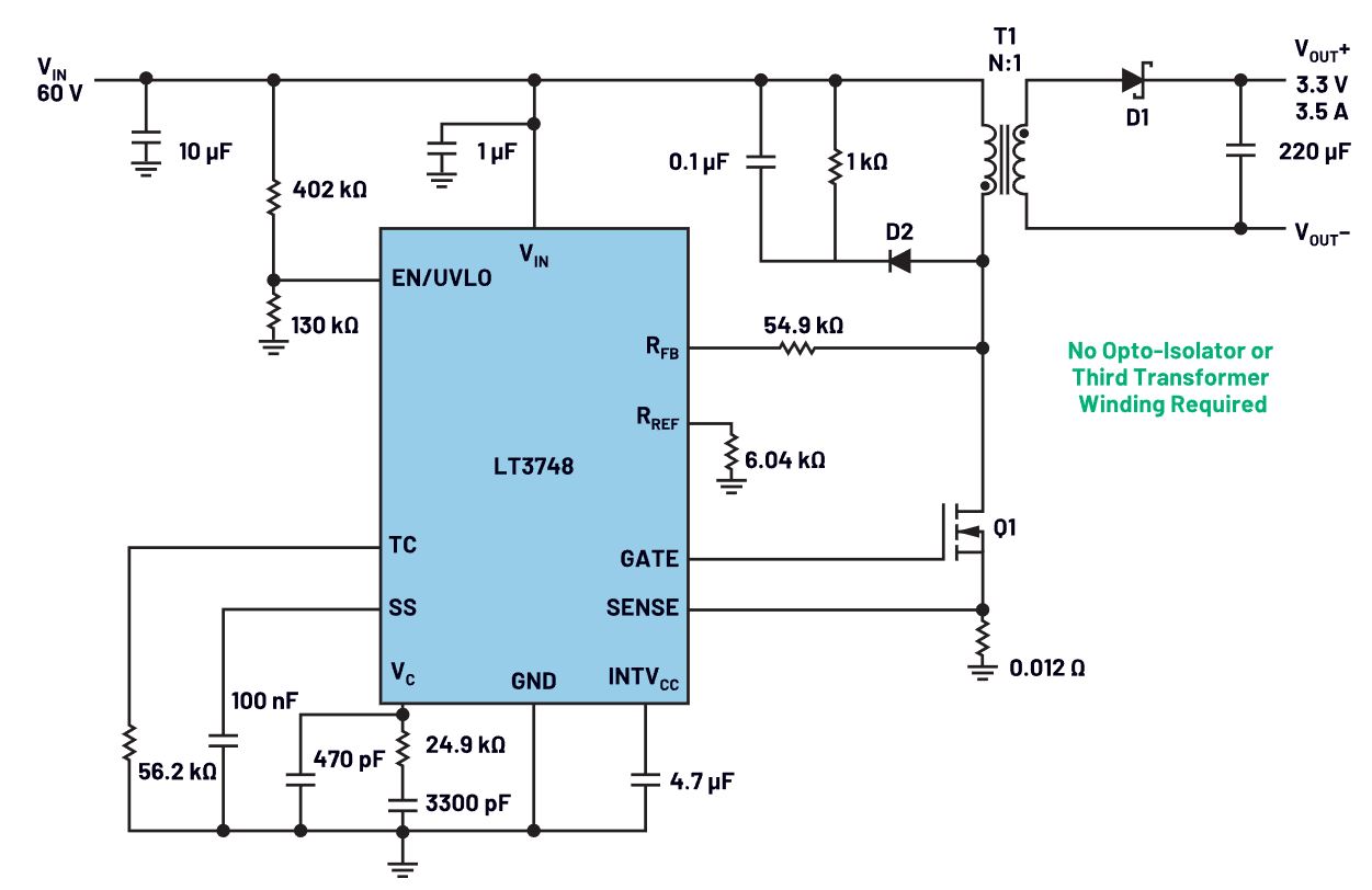 图 1. 采用 LT3748 的电路解决方案，将 60 V 输入下变频至 3.3 V 输出.JPG